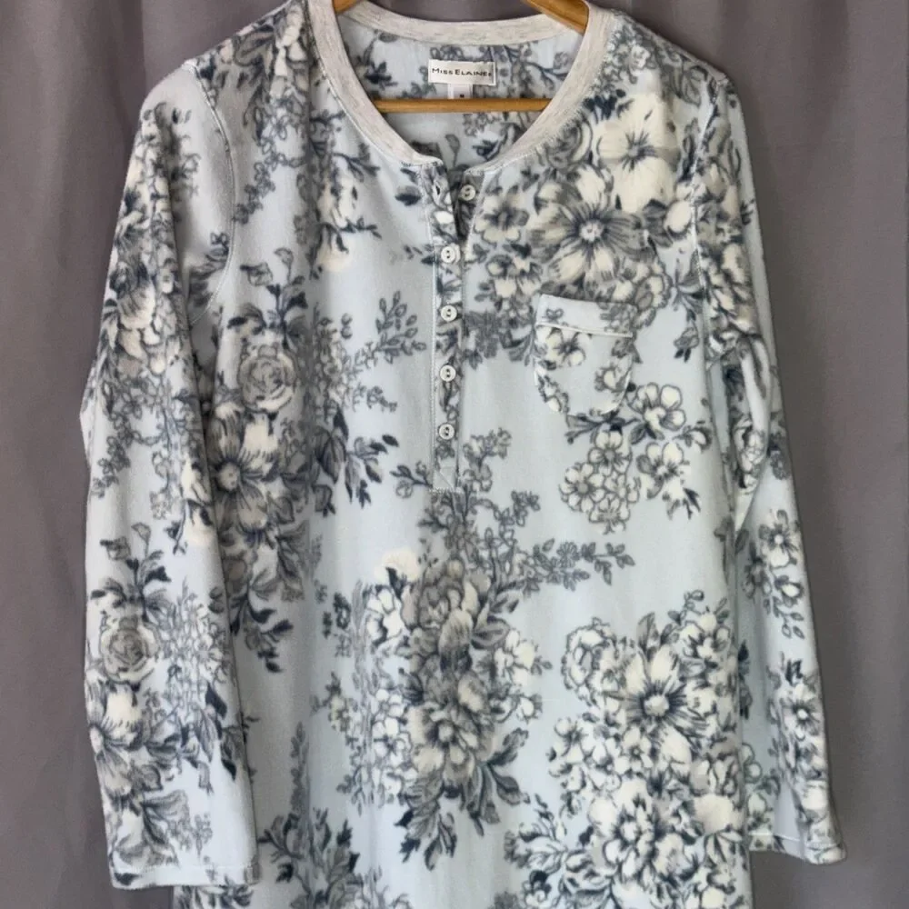 Miss Elaine Classic Blue Fleece Nightgown M  Super Soft Floral Polyester Pullove
